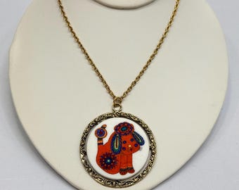 Vintage West German Folk Art Mod Glass Cabochon Pendant Necklace 24 inch 1970s