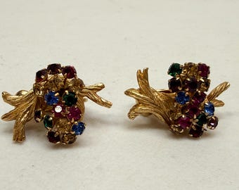 Vintage Rhinestone Earrings Clip On Gold Tone Multicolor Gems Mid Century Retro