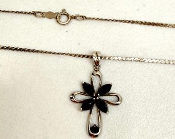 Black Spinel Sterling Silver Cross Pendant Necklace S Link Sterling Chain 20 in