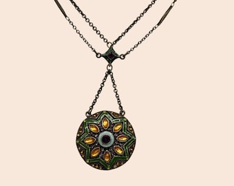 Vintage Avon Nina Ricci Enamel Rhinestone Medallion Necklace Pendant Gothic 18 inch