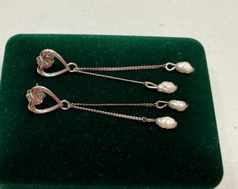 Vintage Earrings 925 Sterling Silver Freshwater Pearl Drop Dangle Pierced Post Backs