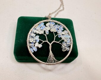 Tree of Life Pendant Necklace Opalite Stones Statement Silver Tone 20 inch