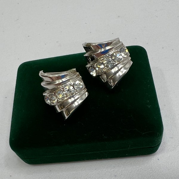 Vintage Coro Clear Rhinestone Earrings Art Deco Style Silver Tone Screw Back Fastening Estate Jewelry Gift for Her Mid Century Sparkling