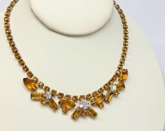 Vintage Rhinestone Choker Gold Tone Aurora Borealis Gemstone Accents 15 inch
