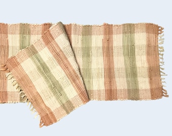Vintage Hand woven table runner Upcycled fringed Cotton Peach, Green, Tan 68x13"