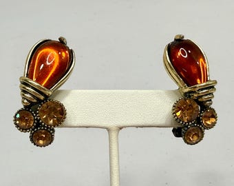 Vintage Earrings Signed SELRO Gold Tone Orange Gemstones Clip On Mid Century