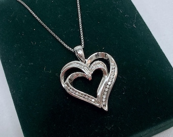 Vintage Karissa 925 Sterling Silver Genuine Diamond Heart Pendant Necklace 20 in box chain