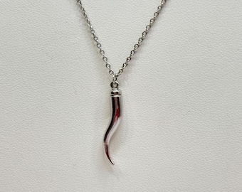 Vintage Sterling Silver AMCO Italian Horn Charm Necklace Pendant 16 inch Cable Chain