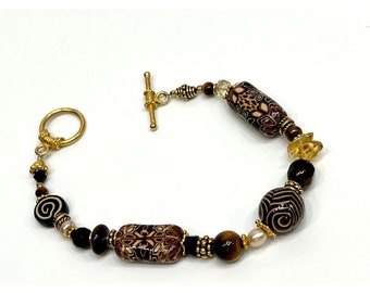 Art Glass Beaded Bracelet Toggle Clasp Brown, Black, Cream Swirl Gold Tone Beads 7.75" Artisan Boho Unique Gift for Her