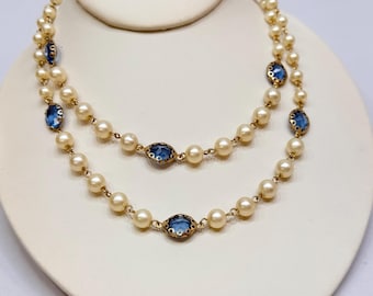Vintage Necklace Beaded Strand Faux Pearls Blue Gemstone Station Accents 32 in