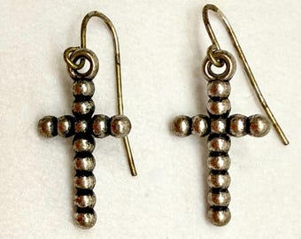 Vintage Earrings 925 Sterling Silver Pierced Earrings Puffy Cross Dangle Drop
