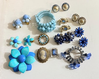 Vintage Jewelry Lot Blue Gold Silver Brooch, Bracelet, Earrings, Pins Cameo more
