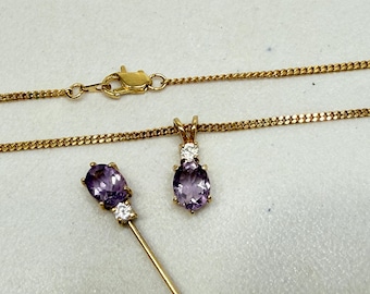 Vintage Necklace Pendant 18in Stick Pin Purple Gemstones Gold Tone Jewelry Set
