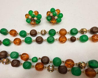 Vintage Choker, Clip On Earrings 2 Strand Beaded Necklace Green, Orange, Brown