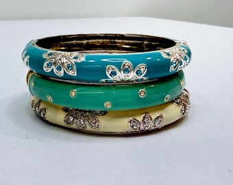 Set of 3 Vintage Hinged Bangle Bracelets Clamper Enameled Rhinestones Floral 7 inch