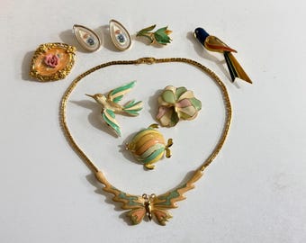Vintage Jewelry Lot Gold Tone Choker, Pins, Earrings, Enameled Figural Floral
