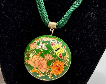 Vintage Cloisonne Necklace Pendant Green Double Cord Floral Butterfly Round 24in