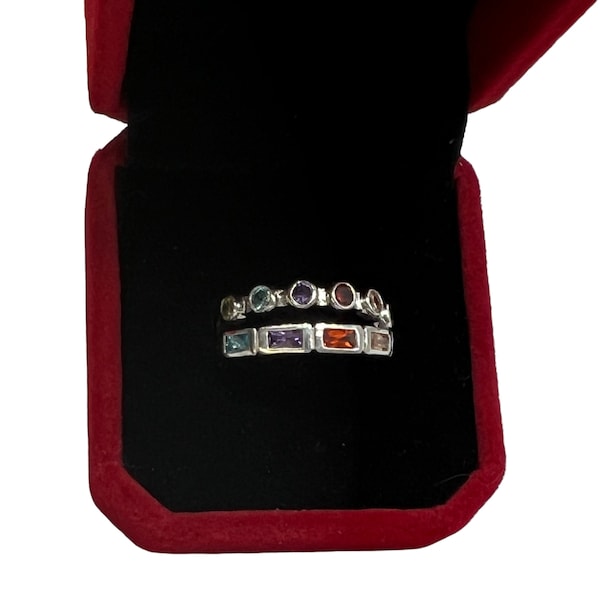 Set of 2 925 Sterling Silver Gemstone Stacking Rings size 8 Topaz, Garnet, Citrine Multicolor Gemstones Dainty Band Style Bezel set gems