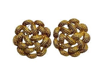 Monet Gold Tone Pierced Style Earrings Gold Tone w Basket Weave Textured Finish 1.2 inch Post Back Estate Jewelry Cluster Style