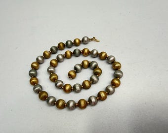 Vintage Napier Two Tone Brushed Ball Beaded Necklace Gold Silver Tone 18 in Choker