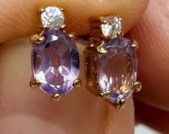 Pierced Earrings 925 Sterling Silver Studs Amethyst Gemstones CZ accents Dainty