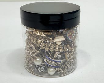 Mystery Jewelry Jar Silver Tone Mostly Vintage All Wearable Lot Assorted Fashion 4 oz size
