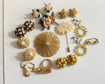 Vintage Jewelry Lot Gold Tone Brooch, Pins, Earrings, Ring Rhinestones Estate