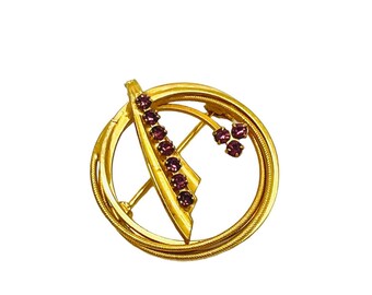 Vintage Rhinestone Brooch Purple Gemstones Gold Tone Round Open Pin Pendant retro Estate Jewelry Mid Century Style Gift for Her