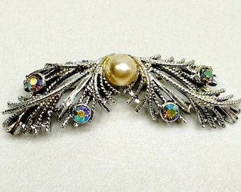 Vintage Brooch Faux Pearl Aurora Borealis Rhinestones Silver Tone Feather Leaf