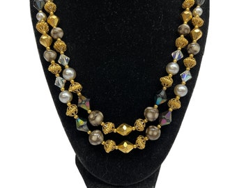 Vintage Beaded Necklace: Two-Strand Gold, Silver, Gray - 1950s Retro Choker