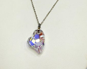 Sparkling Heart Crystal Aurora Borealis Pendant Necklace Silver Tone 18-20 inch