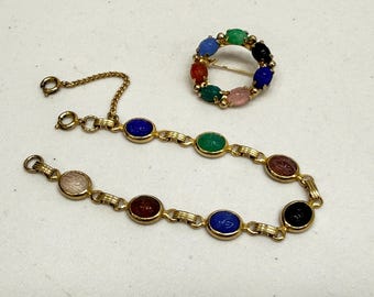 Vintage Scarab Bracelet and Pin Jewelry Set Gold Tone Multicolor Cabochons 7.5"