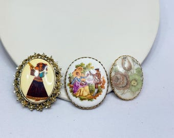 Lot 3 Vintage Oval Brooches Transferware, Tancer Angel, Fragonard Serenade Pins