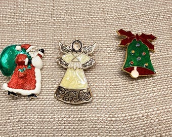 3 Signed Vintage Christmas Holiday Brooches Pins SB Santa, Kenneth Cole Angel, ART Bell