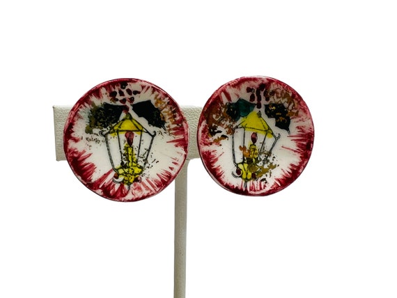Vintage Earrings Round Porcelain Mid Century Hand… - image 2