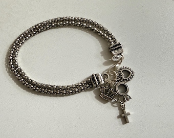 Premier Designs Charm Bracelet silver tone 2 strand Crown Heart Ring Cross 8 inch