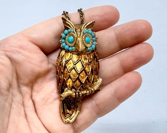 Vintage Necklace Figural Owl Pendant Blue Beaded Accents Gold Tone Rope Chain 24