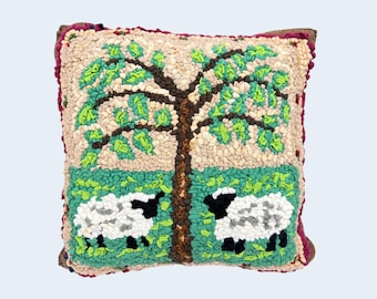 Primitive Hooked Wool, Cotton Throw Pillow Sheep Country Farmhouse Home Decor handmade