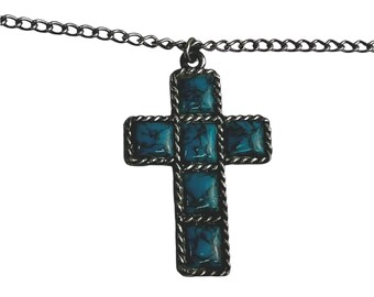 Vintage Sanor Est. Necklace Pendant Silver Cross Turquoise Southwestern Style Christian Curb Link Chain 1970's Era Jewelry Unisex Gift