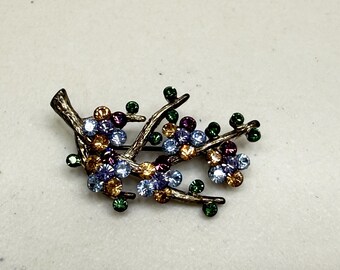 Vintage Monet Rhinestone Brooch Flower Branch Sparkling Crystals Multicolor Pin