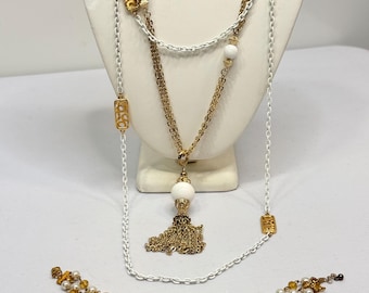 Vintage Jewelry Lot 2 Necklaces, 1 Bracelet Gold Tone White Tassel Boho 1970s Estate