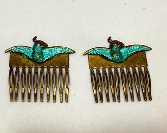 Vintage Pididdly Links Hair Comb Set of Two Gothic Steampunk Birds Metal Enamel