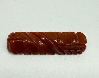 Retro Bakelite Brooch Heavily Carved Bar Pin Deep Orange Retro Estate Jewelry 3"