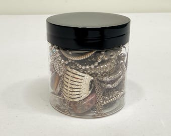 Mystery Jewelry Jar Silver Tone Mostly Vintage All Wearable Lot Assorted Fashion 4 oz size
