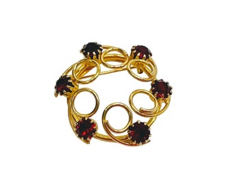 Vintage Rhinestone Brooch Red Gemstones Gold Tone Swirls Pin Open Style Estate Mid Century Style Gift for Her