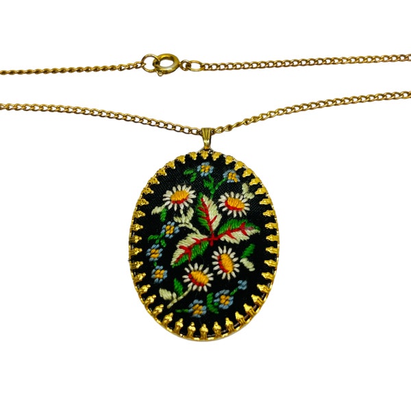 Vintage Needlepoint Floral Pendant Multicolor Design, Black Fabric, Large Oval, Gold Tone, 18 inch Chain, Mid Century Jewelry, Gift for Her