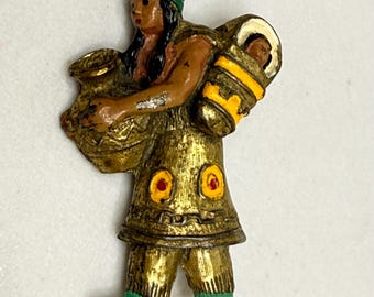 Coro Retro Woman w baby Native American Indian cold paint Metal brooch pin