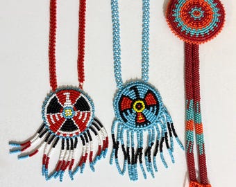 Lot of 3 Vintage Native American Seed Bead Pendant Necklaces Thunderbird Fringe
