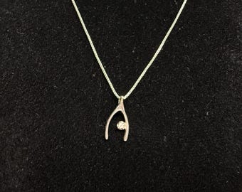 Vintage Dainty Genuine Diamond Wishbone Pendant Necklace 925 Sterling Silver Box Chain