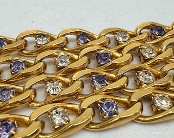 Vintage Rhinestone Necklace Gold Tone Curb Link Chain 22 in Purple, Clear Gems